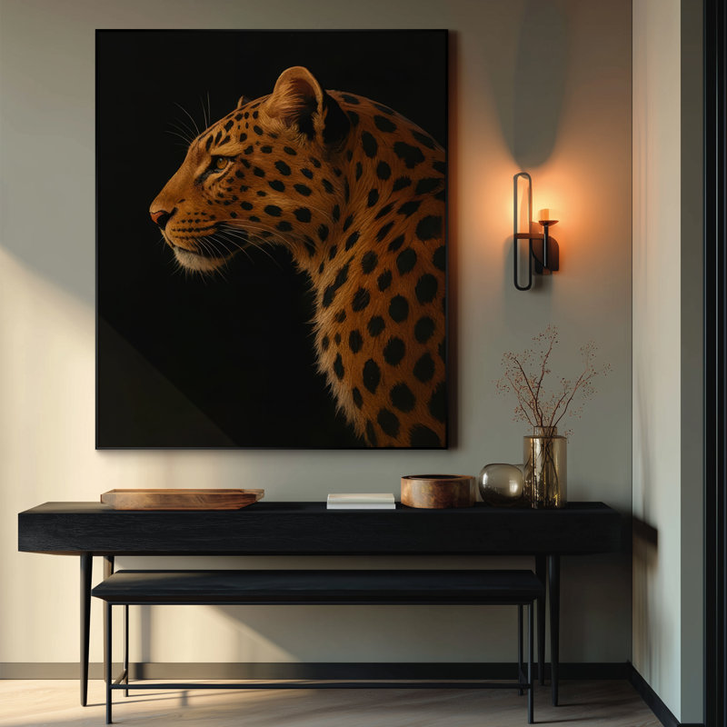 Très grande reproduction d'art sur toile - Profil latéral léopard sur fond noir, décoration pour salon ou chambre à coucher - «Assemblage requis du cadre (cadre non fini)»