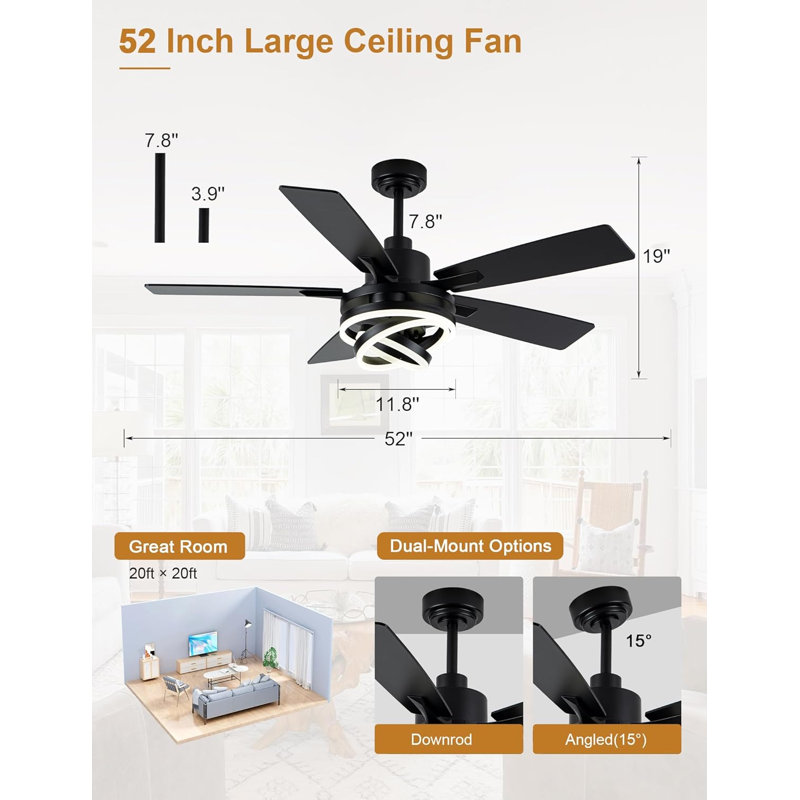 Ventilateur de plafond noir moderne avec lumière, Noir