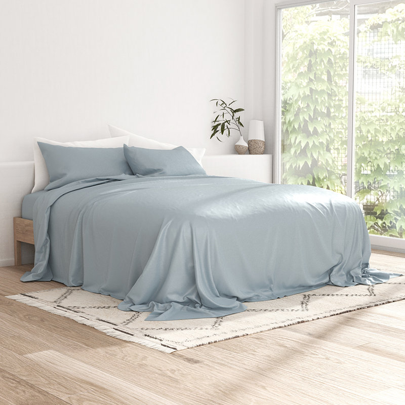 Ensemble de draps 100% rayonne de bambou, Ensemble de draps pour grand lit avec 2 taies d'or, Bleu clair