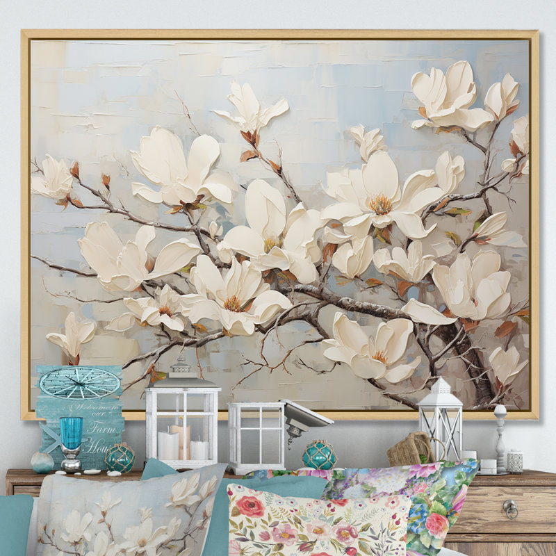 «Magnolias Beauty III», impression sur toile beige et vert, Cadre photo blanc, H 24 po x l 32 po