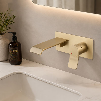 Wall Mount Waterfall Bathroom Faucet Single Handle with Brass Valve，Brushed Gold 