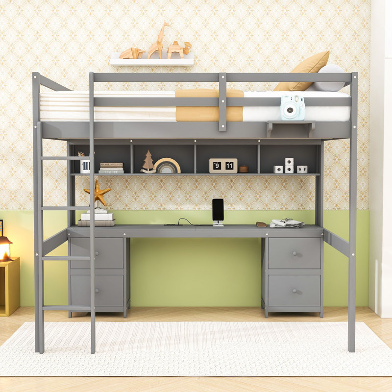 Lit mezzanine double avec bureau et tiroirs de rangement, tablettes, Gris