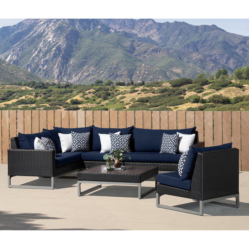 Sameko 6 Piece Rattan Sunbrella Sectional Seating Group with Cushions, Brown, Canvas Regatta Sunbrella® Canvas