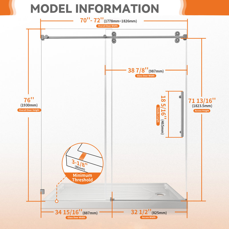 72"W x 76"H Frameless Shower Door with 3/8" (10mm) Easy-Clean Glass, 2" Adjustable Stainless Steel Rail, Brushed Nickel