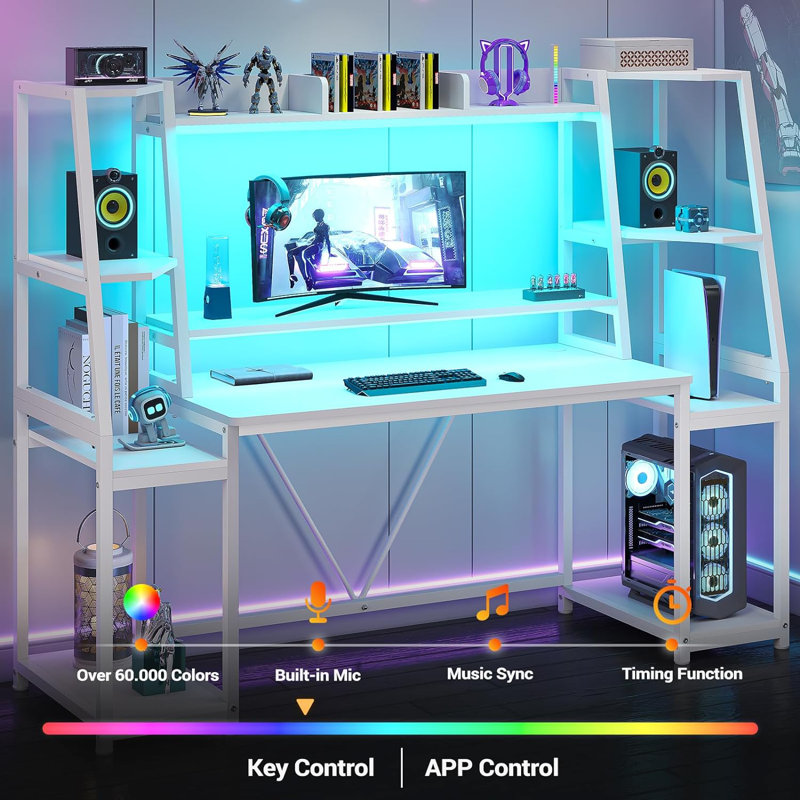 White Ergonomic Gaming Desk with LED Lights and Hutch