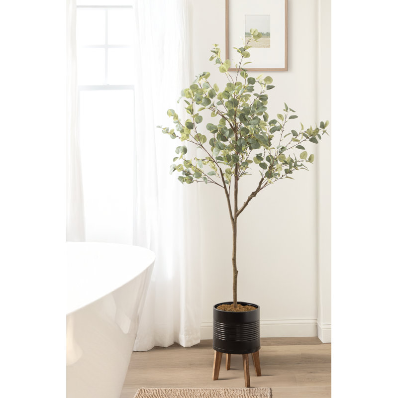 Faux eucalyptus Eudora avec pot à fleurs en bois et métal Gavri, H 70,87 po x l 23,62 po, Noir