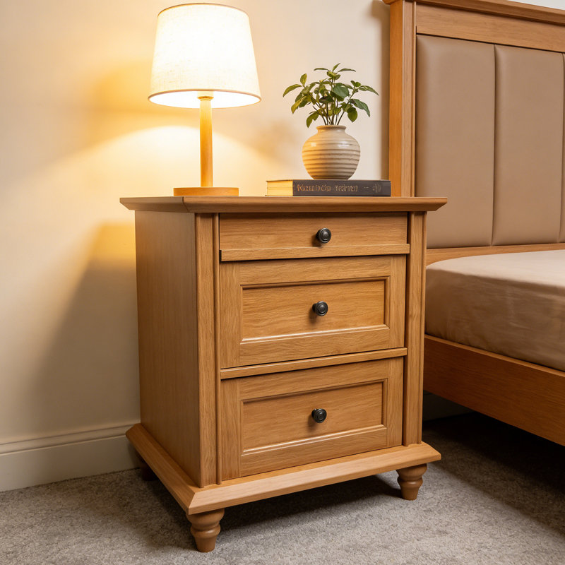 23.6” W Farmhouse Rutland With 3 Storage Drawers, Bedside Table With Solid Wood Legs For Bedroom, Oak