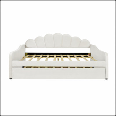 Full Size Upholstery Daybed Frame with Shall Shaped Backrest and Trundle