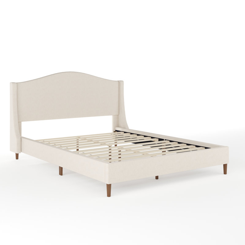 Martha Stewart Amelia Upholstered Platform Bed With Curved Headboard, Queen, Beige