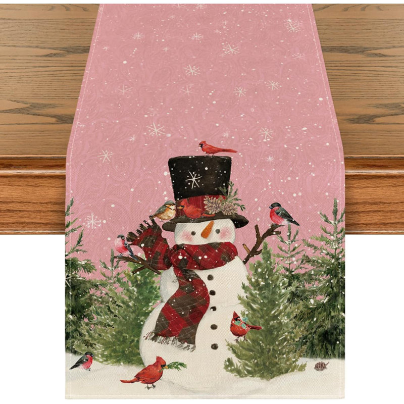 Snowman Birds Trees Christmas Table Runner, Seasonal Winter Holiday Kitchen Dining Table Decoration For Home Party Decor
