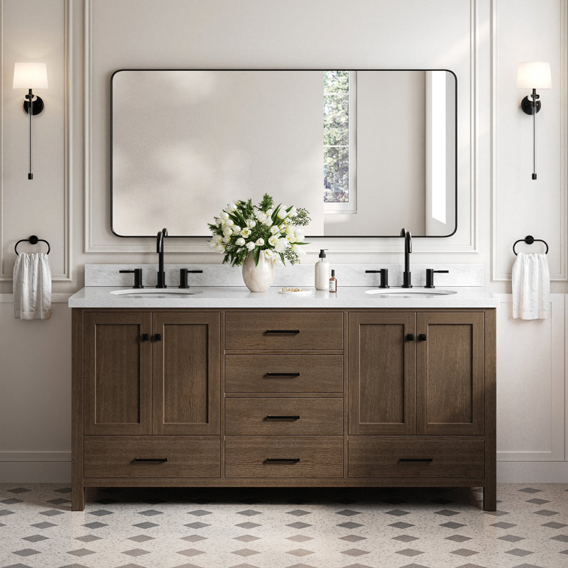 Ensemble de meuble-lavabo double 73 po Amariani, Chêne brun