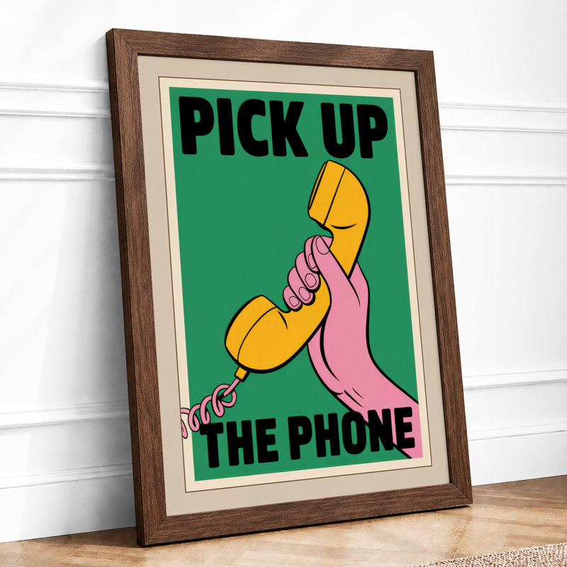 Pick Up The Phone Retro - Framed Print, A2 - 59.4 x 42.0 cm, Walnut