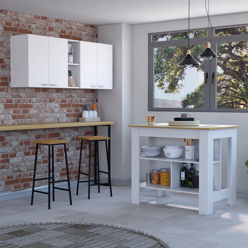 Sierra 7-Shelf 4-Door 2-Piece Kitchen Set, Upper Wall Cabinet And Kitchen Island White And Light Oak, Oak