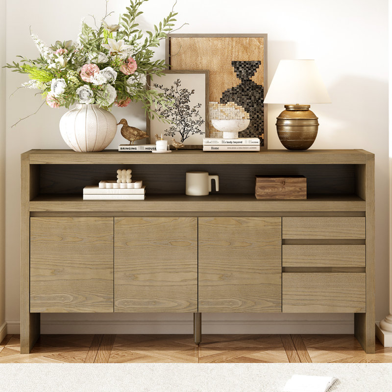 3-Door 60-Inch Drawer Sideboard, Ash Veneer , Multi-Scenario Living Room Use, Natural