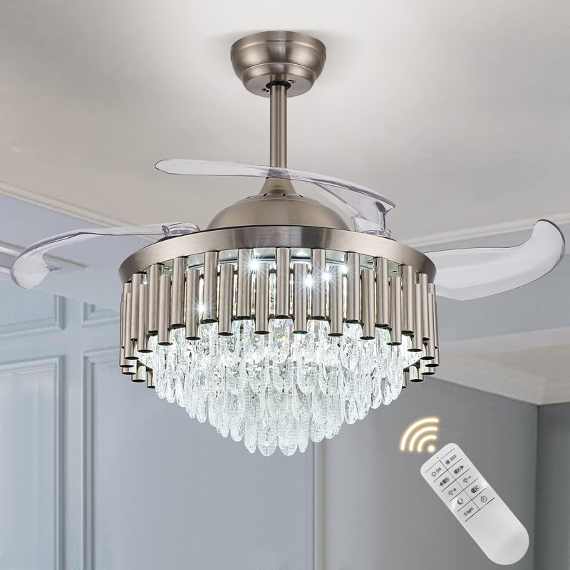 42 Inches Invisible Crystal Ceiling Fan Chandelier, Modern Remote Control Crystal Ceiling Fan Lighting For Dinning Room Bedroom Living Room