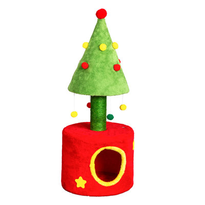 2-In-1 Cat Tree With Enclosed House - Playful Cat Scratching Post With Hanging Balls, 31In Space-Saving Tower For Kittens & Cats, Red And Green