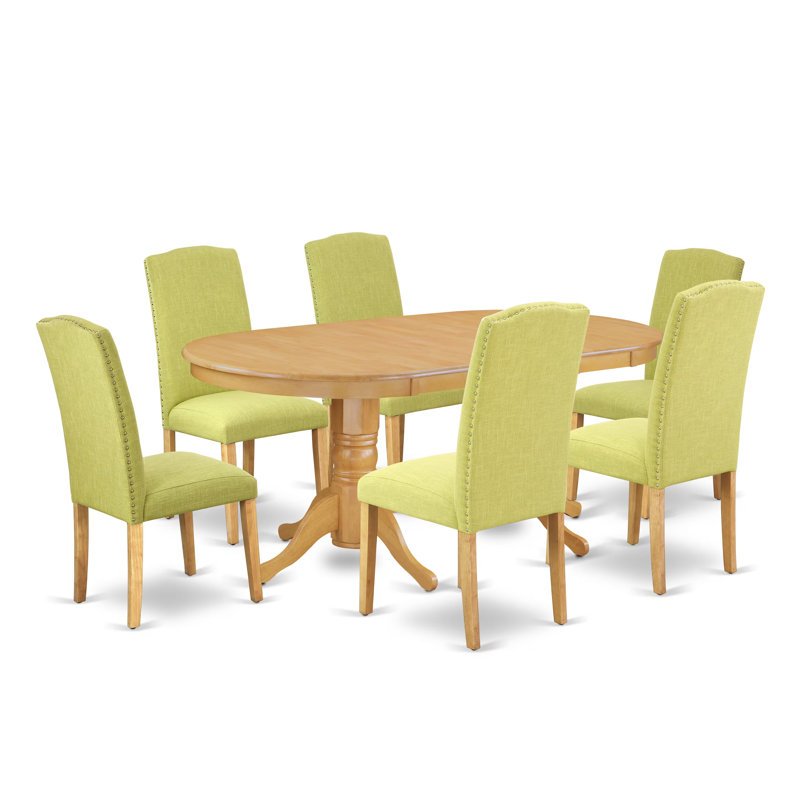 7 Piece Kitchen Table Set Consist of an Oval Dining Table with Butterfly Leaf and 6 Limelight Linen Fabric Parson Dining Chairs, 40x76 Inch, Oak