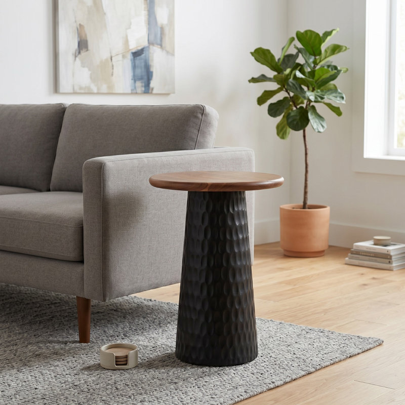 Table de bout ronde en bois massif sculptée à la main, Noir