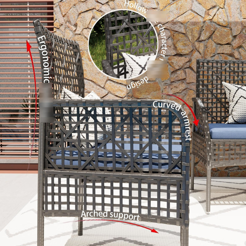 Patio extérieur avec PE, table en verre trempé, coussins amovibles pour un entretien facile 4 sièges confortables, Bleu