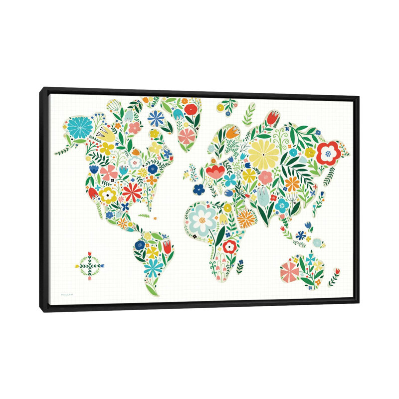 Carte du monde floral - reproduction murale sur toile, Toile avec cadre flottant noir, L 26 po x H 18 po x P 1,5 po