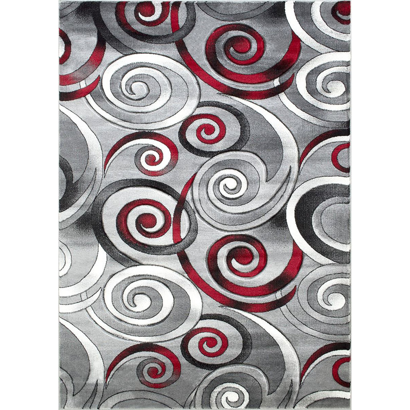 Tapis rouge/gris tissé à la machine Aftan, Rectangle de 7 pi x 10 pi 5 po