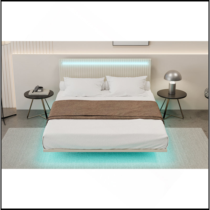 Cadre de lit flottant moderne avec lumières DEL, lit en velours à motif de canaux verticaux, aucun sommier nécessaire, Beige