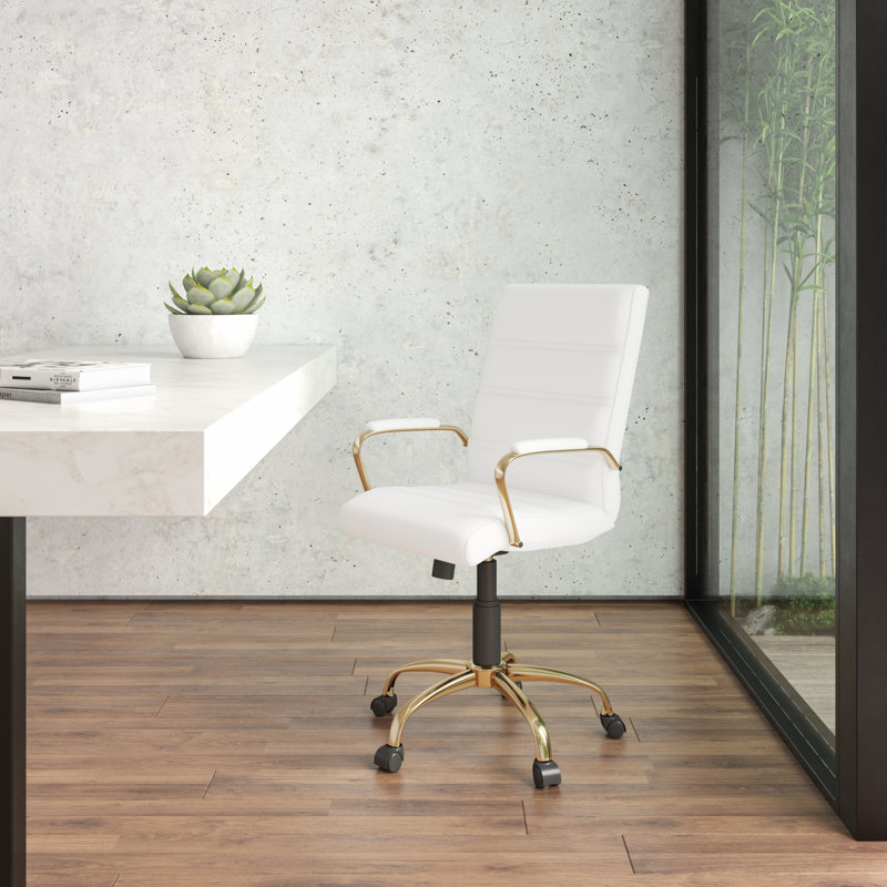 Whitney Ergonomic Upholstered Mid-Back Swivel Office Chair, Gold, White Faux Leather