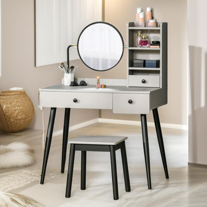 Barnabe White Dressing Table with Stool and Round Mirror Dresser Makeup Desk Bedroom