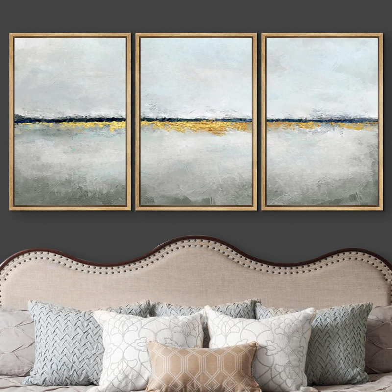 «Minimal Landscape Minimal Pastel Blue Gold Paint Landscape Abstract Shapes Modern Art Decor on Canvas», reproduction de 3 pièces