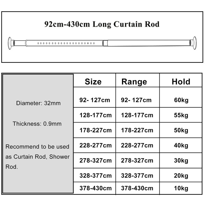 Tension Curtain Rod, 7.50cm H x 327cm W x 7.50cm D, Black