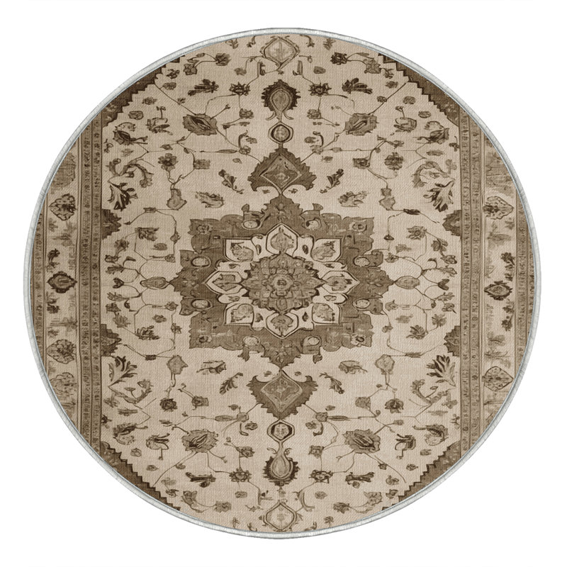 Tapis beige Tabriz lavable à la machine, Rond 3 pi