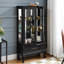 Présentoir à vin 2 portes avec tablettes réglables, lumières DEL, miroir arrière, portes en verre avec rangement rétro pour la maison, finition noire, poignée, tiroir caché, éclairage-128935109