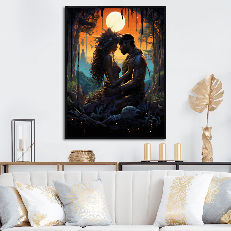 Pleine lune amoureux - reproduction sur toile, H 32 po x l 24 po, Black Picture Framed