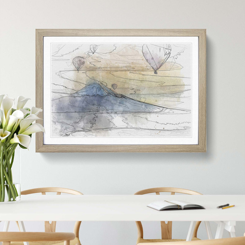 Hot Air Balloons Above Mount Fuji in Abstract - Picture Frame Graphic Art Print, Oak Framed, 62cm H x 87cm W x 2cm D