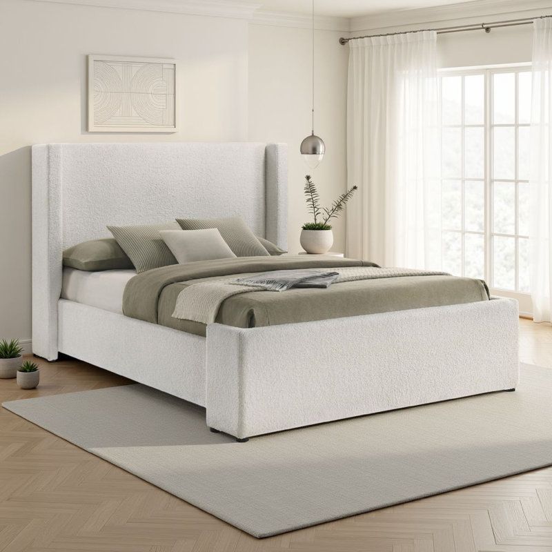 Boucle Upholstered Wingback Platform Bed, Queen, White