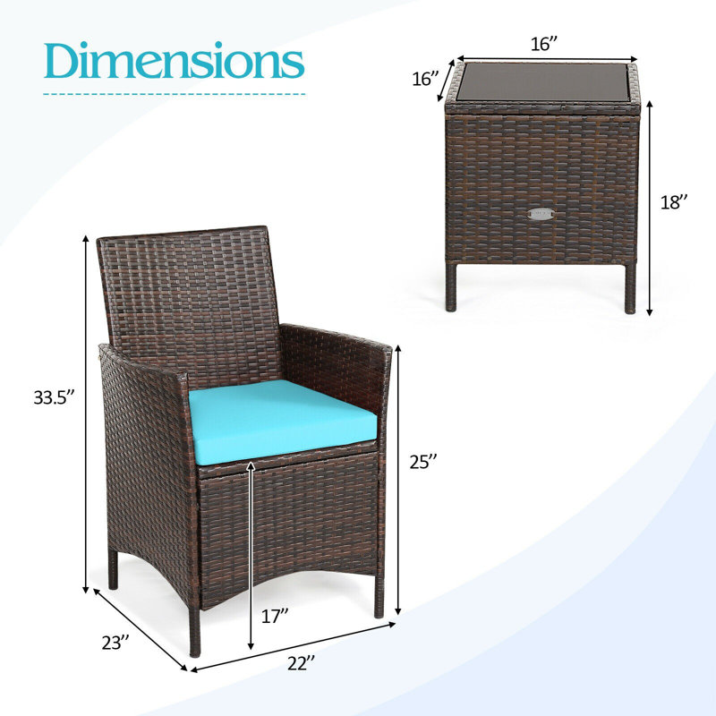 3 Piece Rattan Seating Group with Cushions, Blue