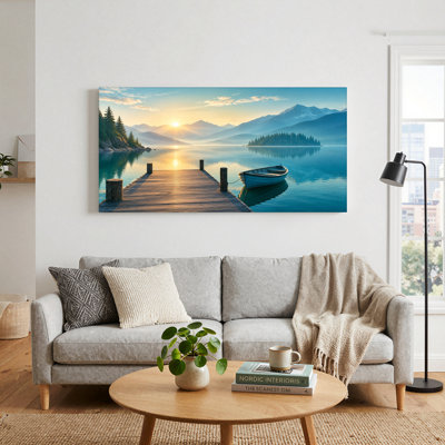 " Wooden Dock And Blue Boat At Mountain Sunrise Lake "
