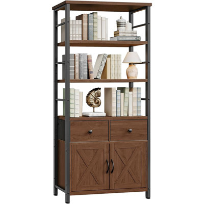 Bibliothèque rustique noyer et noire avec tiroirs - Étagère de rangement en bois et en métal de style industriel pour le salon, le bureau personnel ou la salle à manger
