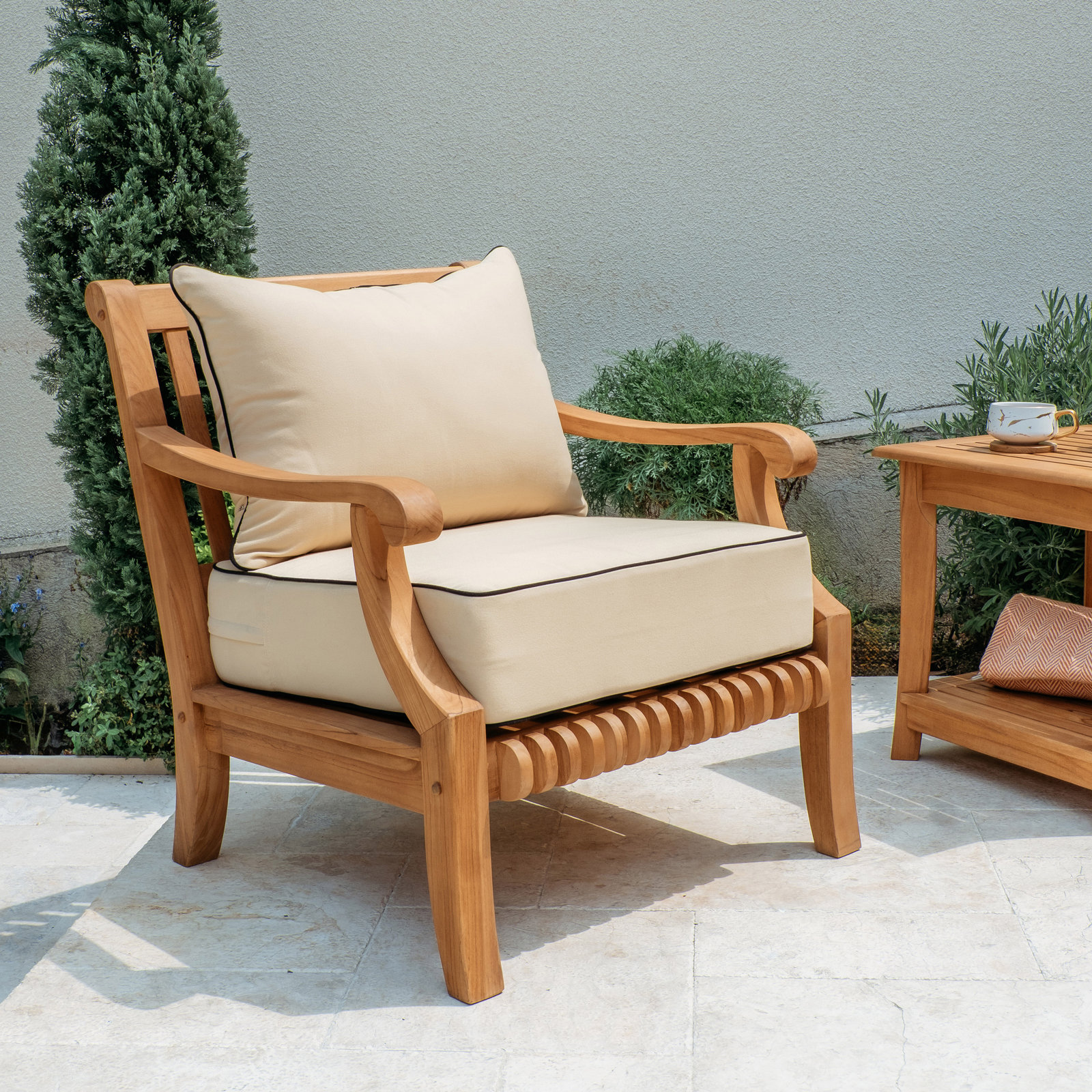 Jo Teak Patio Lounge Chair, Taupe with Black Piping