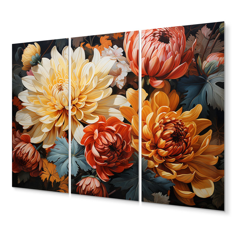 Chrysanthemums Autumn Collage II - Floral Metal Wall Decor Set