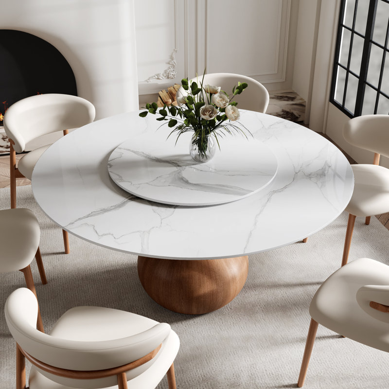 Mid-Century Modern Farmhouse Round Sintered Stone Pedestal Dining Table With Lazy Susan For 4/6/8/10, White