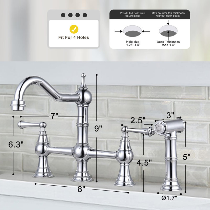Side Spray Kitchen Faucet, 4-Hole Faucet, 2-Handle Faucet, Vintage Country Kitchen Sink Faucet, Chrome