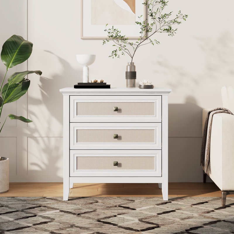 3 - Drawer Dresser Natural Rattan Deco, White
