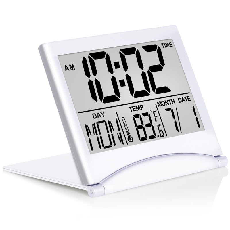 Digital Travel Alarm Clock - Foldable Calendar Temperature Timer LCD Clock with Snooze Mode - Large Number Display, Battery Operated - Compact Desk Clock(Silver, No Backlight)