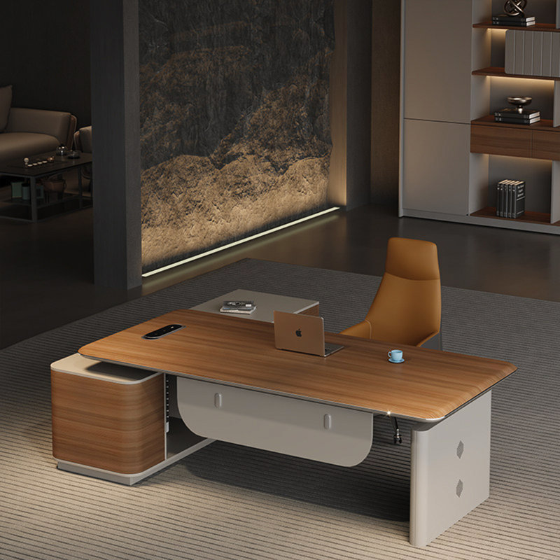 Bureau électrique moderne à hauteur réglable en L brun et gris à deux tons pour cadres et cadres modernes