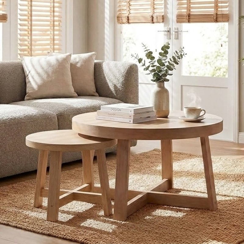 Ensemble de 2 tables basses rondes gigognes, Bois naturel
