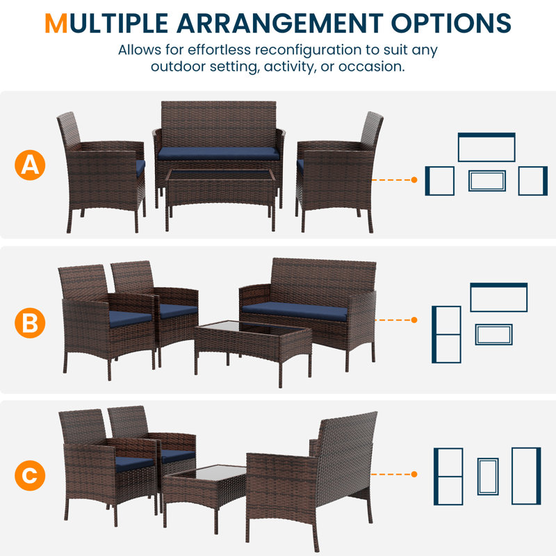 4-Person Wicker Outdoor Patio Conversation Set with Cushions and Coffee Table, Navy