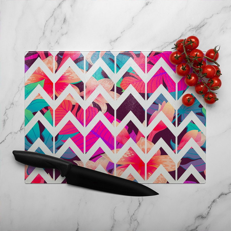 Tropical Geometric Zig Zags Glass Chopping Board, 40cm L x 28cm W