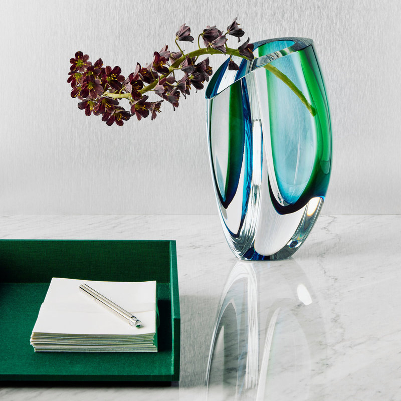 Mirage Handmade Glass Table Vase, 8.25" H x 5.5" W x 5.5" D, Blue/Green