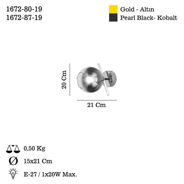 Elegant Gold Metal Wall Lamp, 20 in Height, Ø5.9 in Glass Cap | 1 x E27 Socket (Max 40W) | Stylish & Modern Illumination for Living Room, Bedroom, or Hallway | IP20 Rated, Durable Design